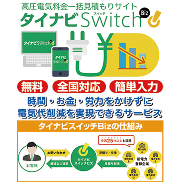 経費削減の第一歩 高圧電気料金 一括見積りサイト「タイナビスイッチBiz」のイメージ画像